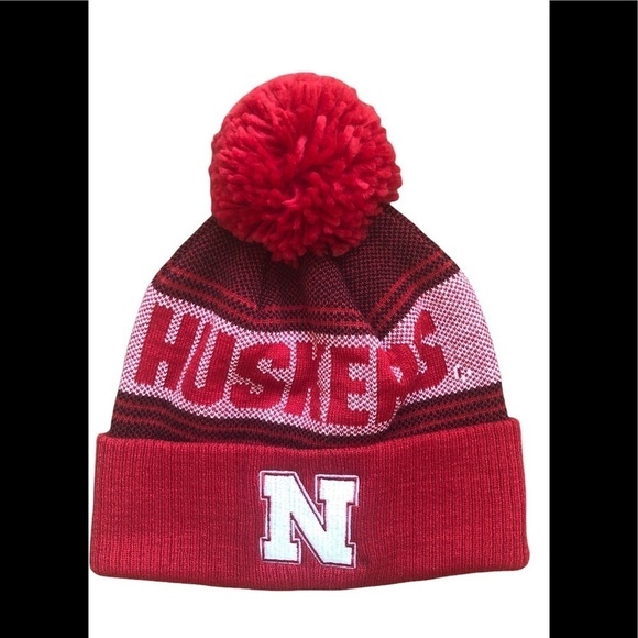 Nebraska Huskers Adidas Knitted Red Stocking Cap Hat With Pom Pom Collegiate - Picture 1 of 6